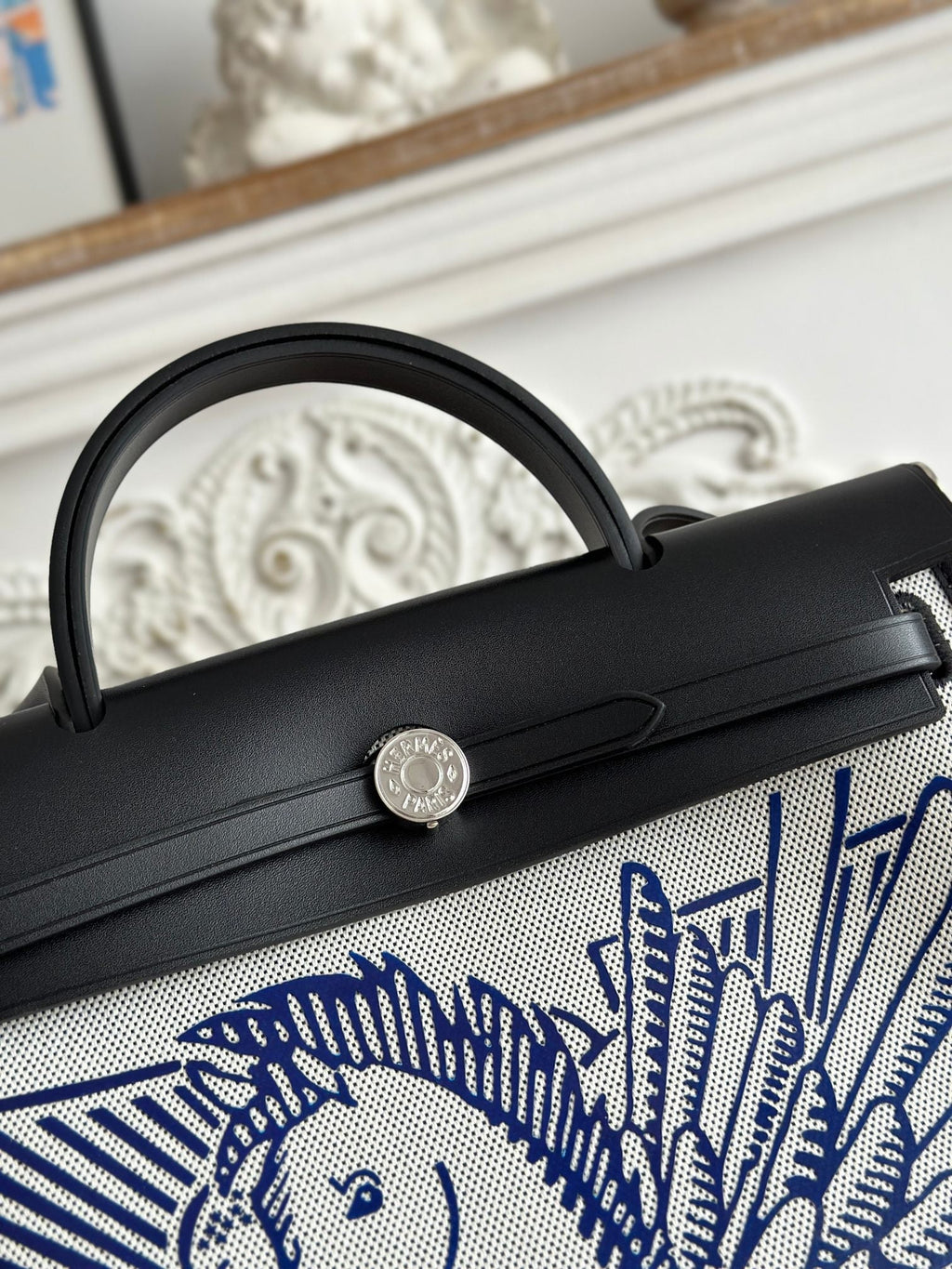 Hermes Zip Cabine 31 Bag in White Canvas and Black Calfskin