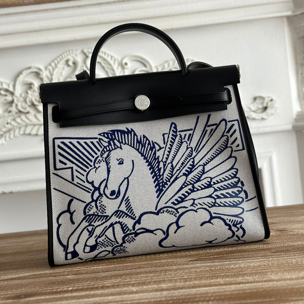 Hermes Zip Cabine 31 Bag in White Canvas and Black Calfskin