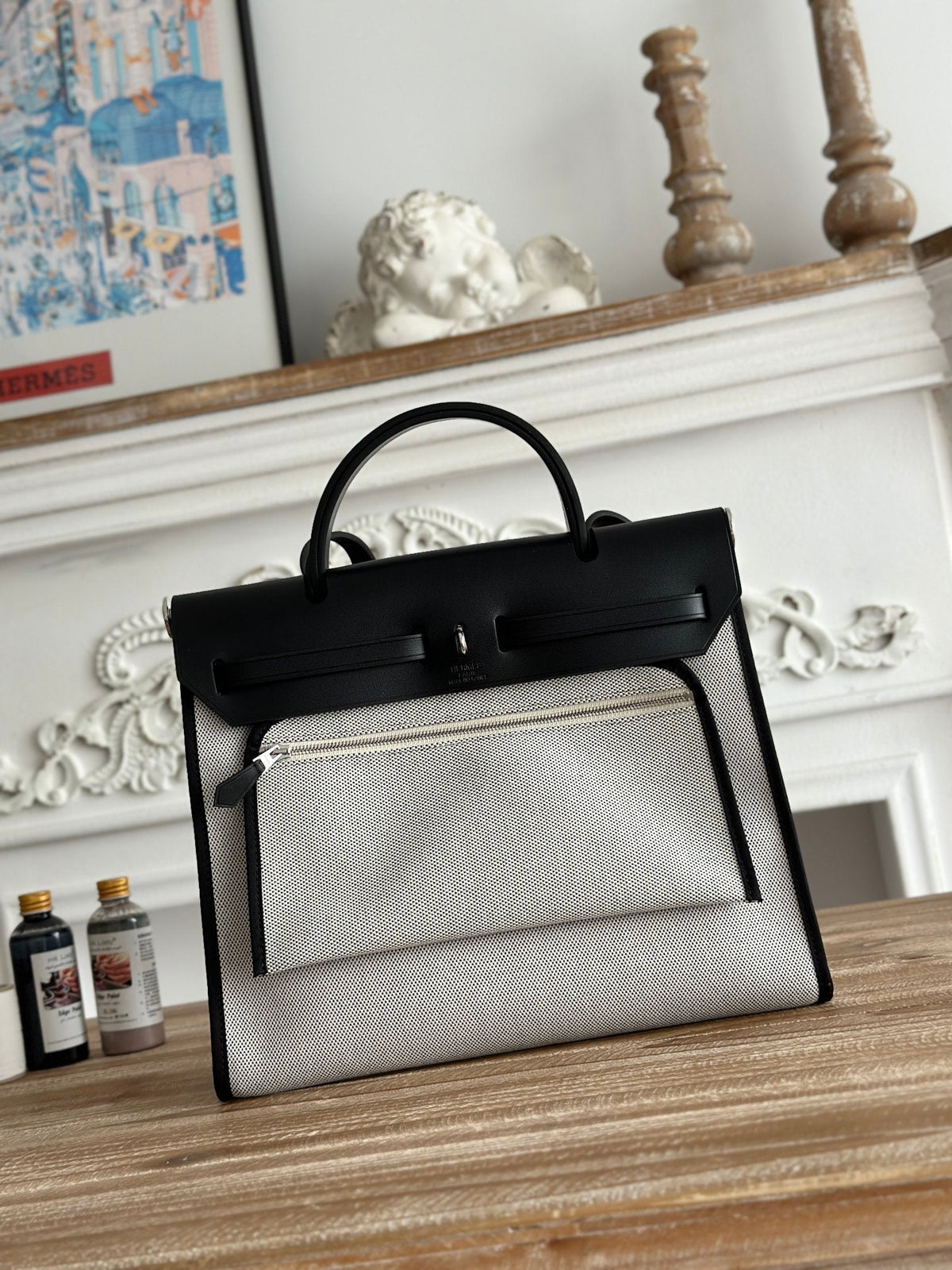Hermes Zip Cabine 31 Bag in White Canvas and Black Calfskin
