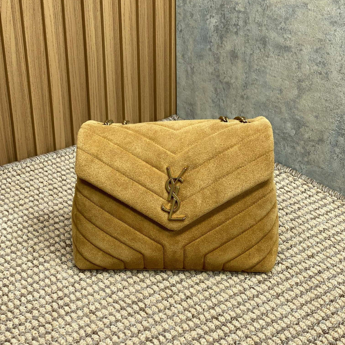 Saint Laurent Loulou Small 25 in Peanut Brown Suede Copper Hardware Bag