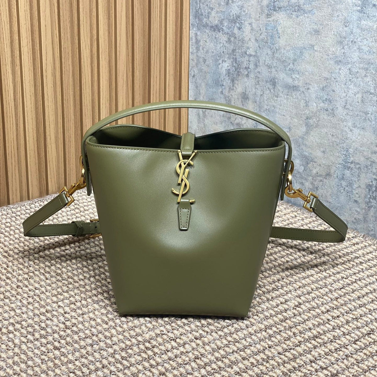 Saint Laurent Le 37 Small Bucket Bag 20 in Avocado Green Calfskin Gold Hardware
