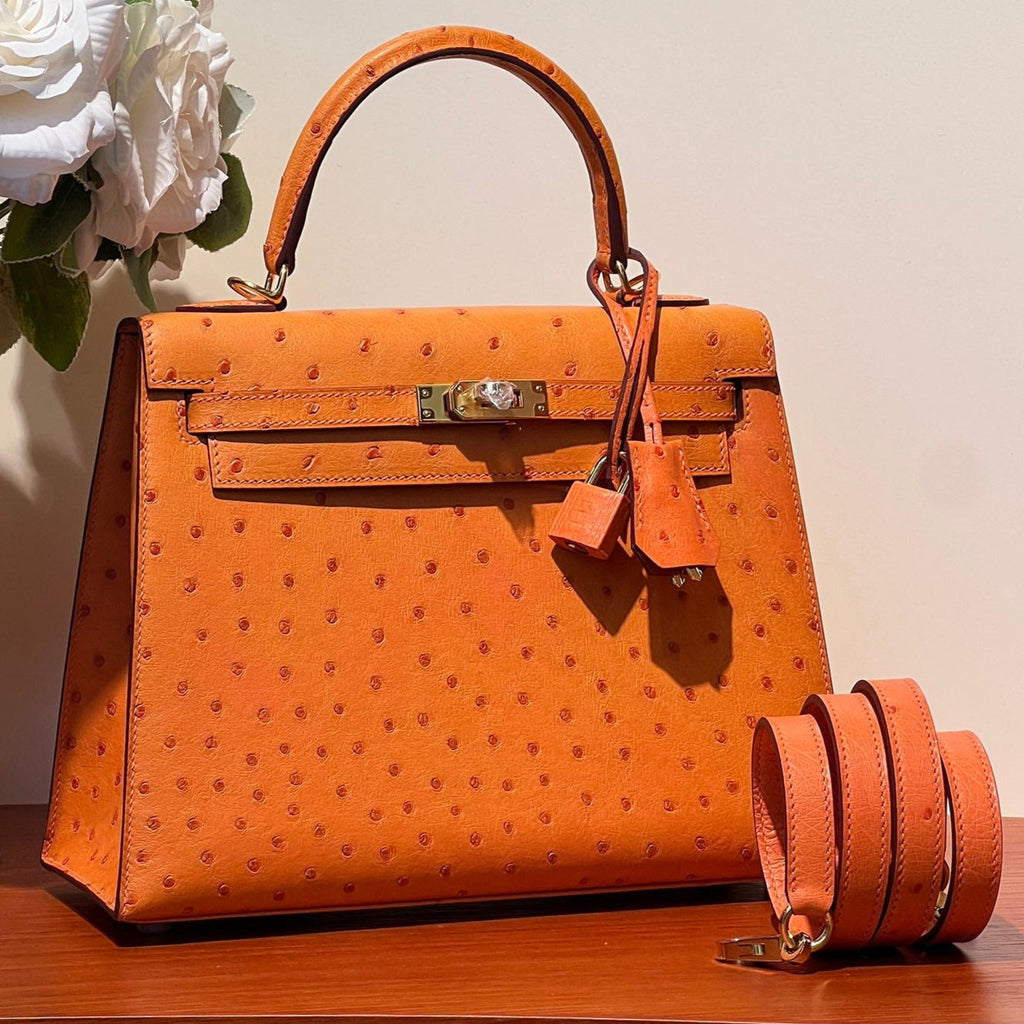 Hermes Kelly Sellier 25 Bag in Fire Orange Ostrich Leather with Gold Hardware