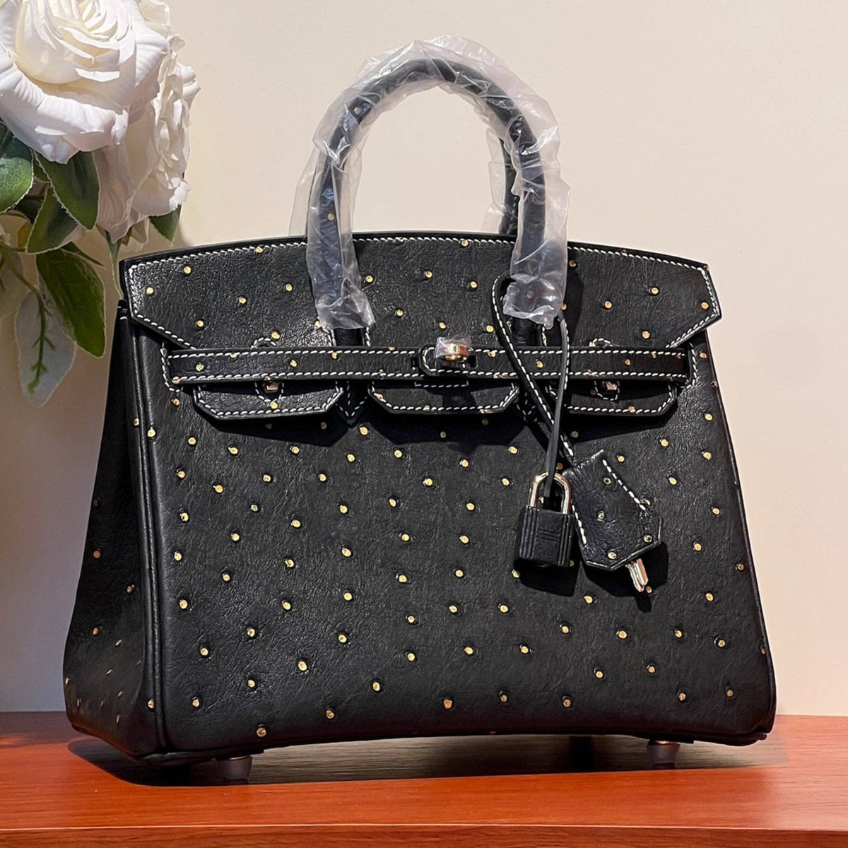 Hermes Kelly Sellier 25 Bag in Black Ostrich Leather with Gold Rhinstones