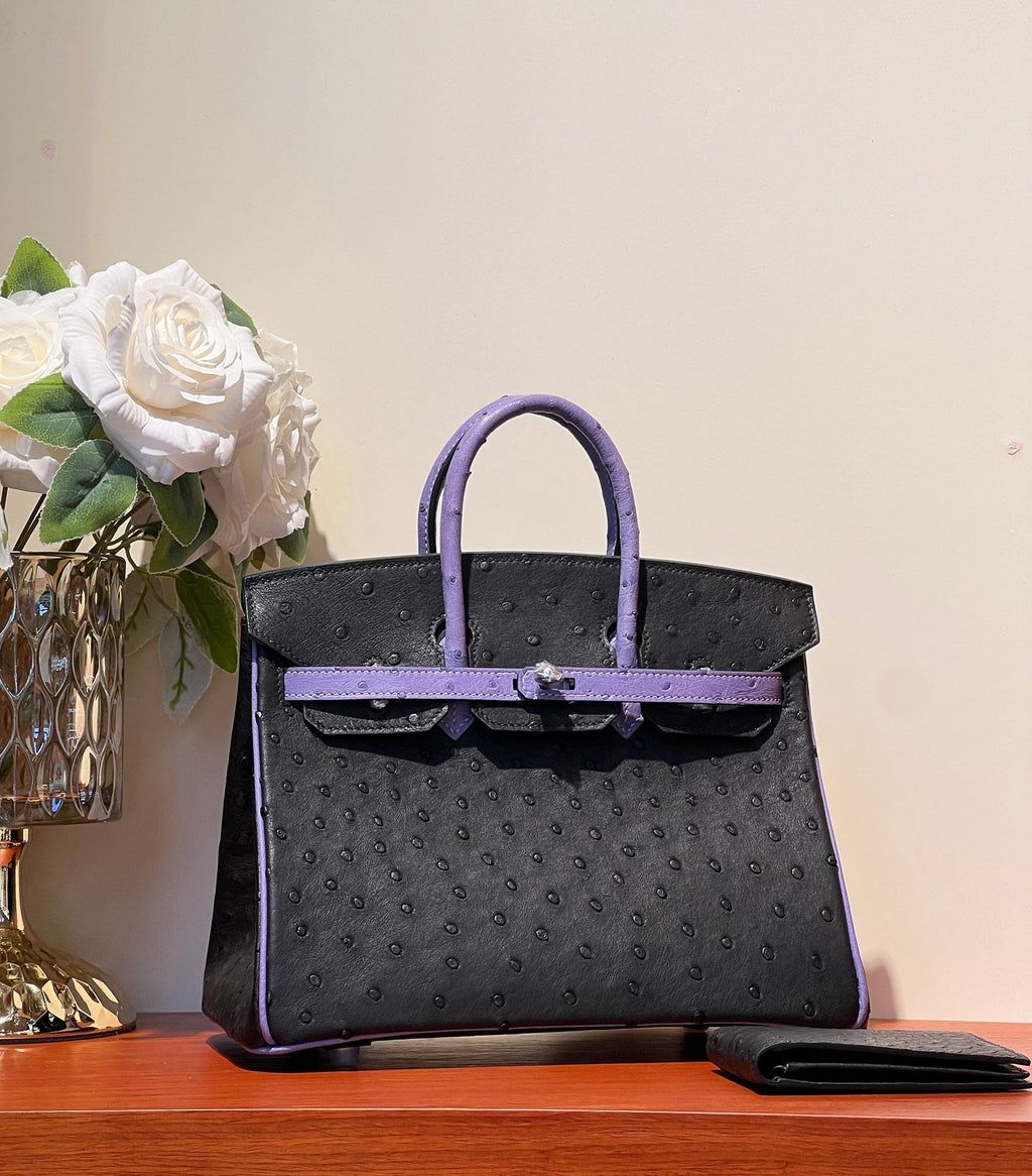 Hermes Kelly Sellier 25 Bag in Black Mix Amethyst Purple Ostrich Leather