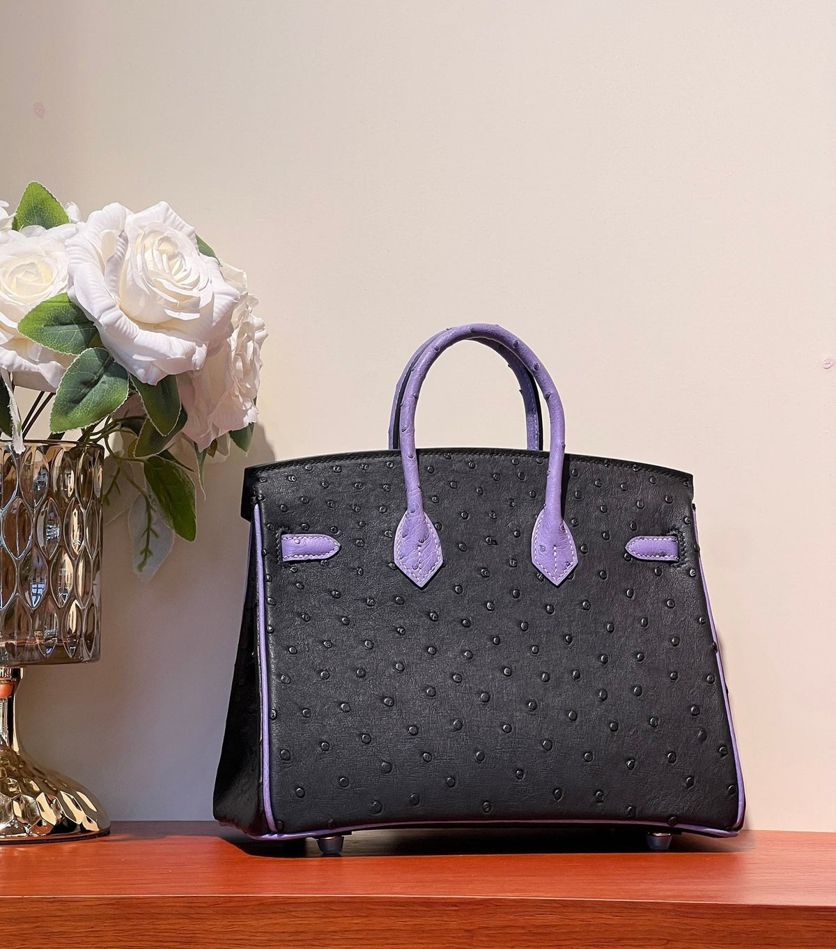 Hermes Kelly Sellier 25 Bag in Black Mix Amethyst Purple Ostrich Leather