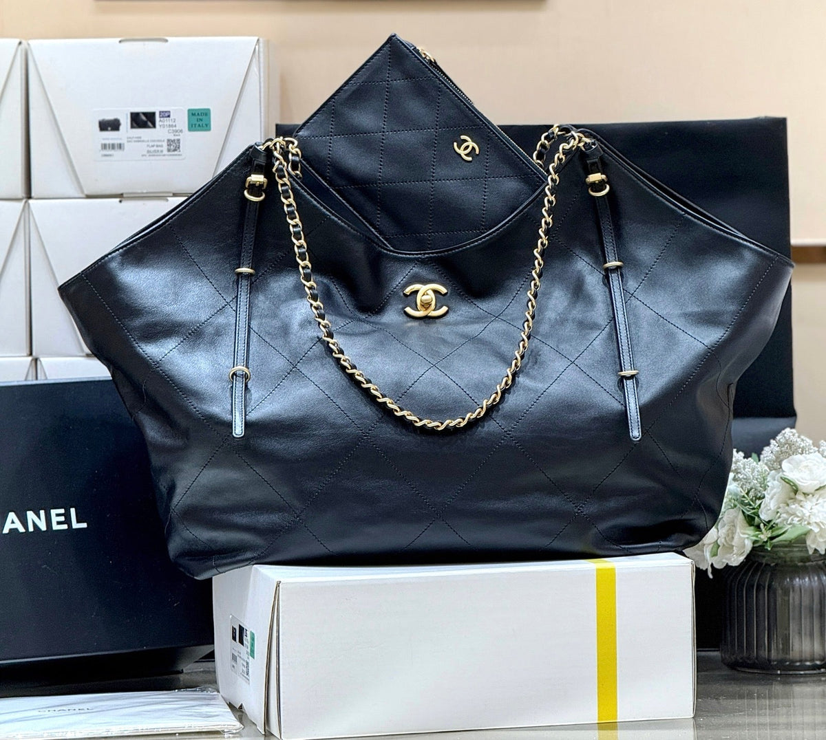 Chanel Large Maxi Shopping Bag 59 in Black Calfskin Gold-Tone Metal