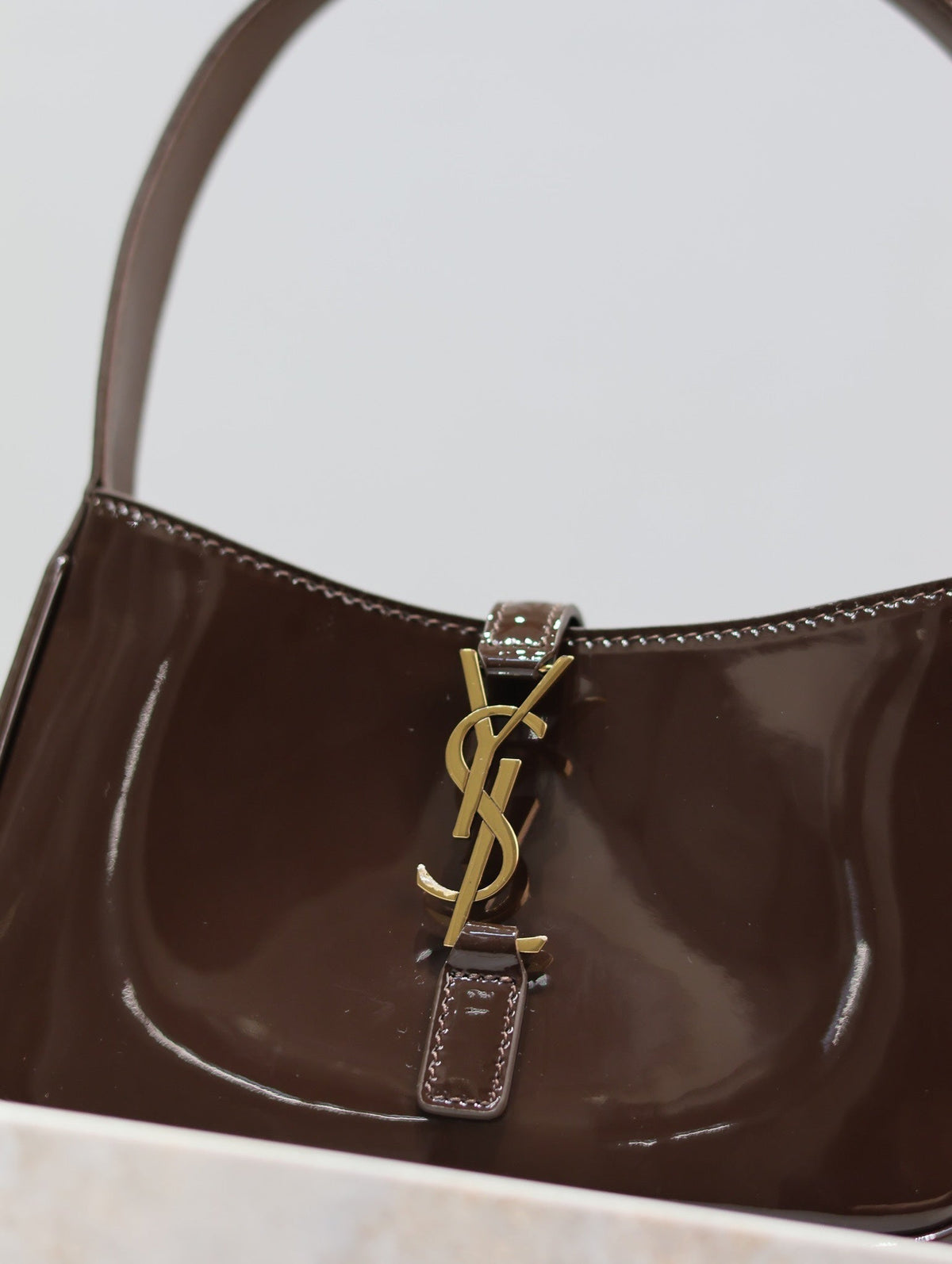 Saint Laurent Le 5 À 7 Mini Bag 19 in Chocolate Patent Calfskin Gold Logo
