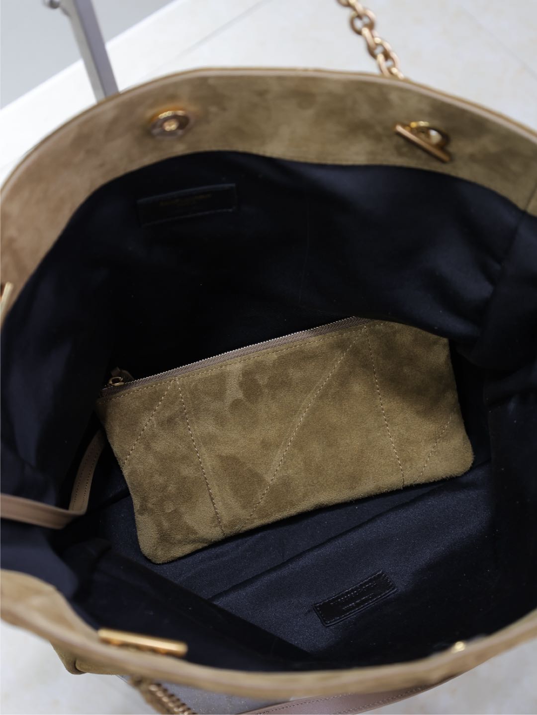 Saint Laurent Niki Tote Bag 34 in Camel Brown Suede Gold Hardware