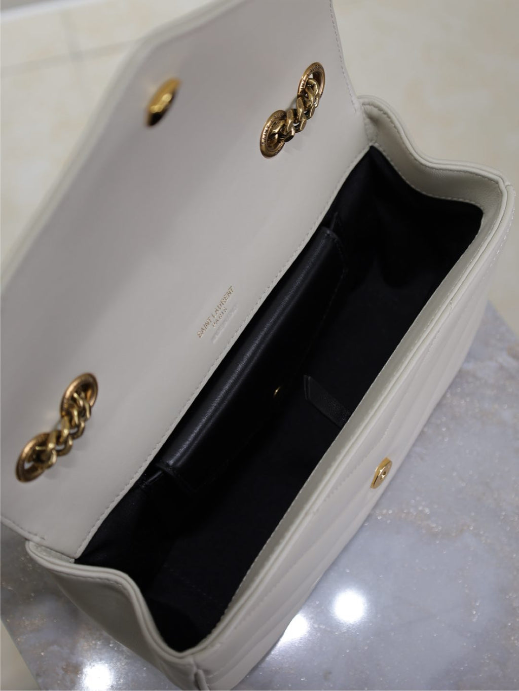 Saint Laurent Loulou Small 24 in White Sheepskin Gold Hardware Bag