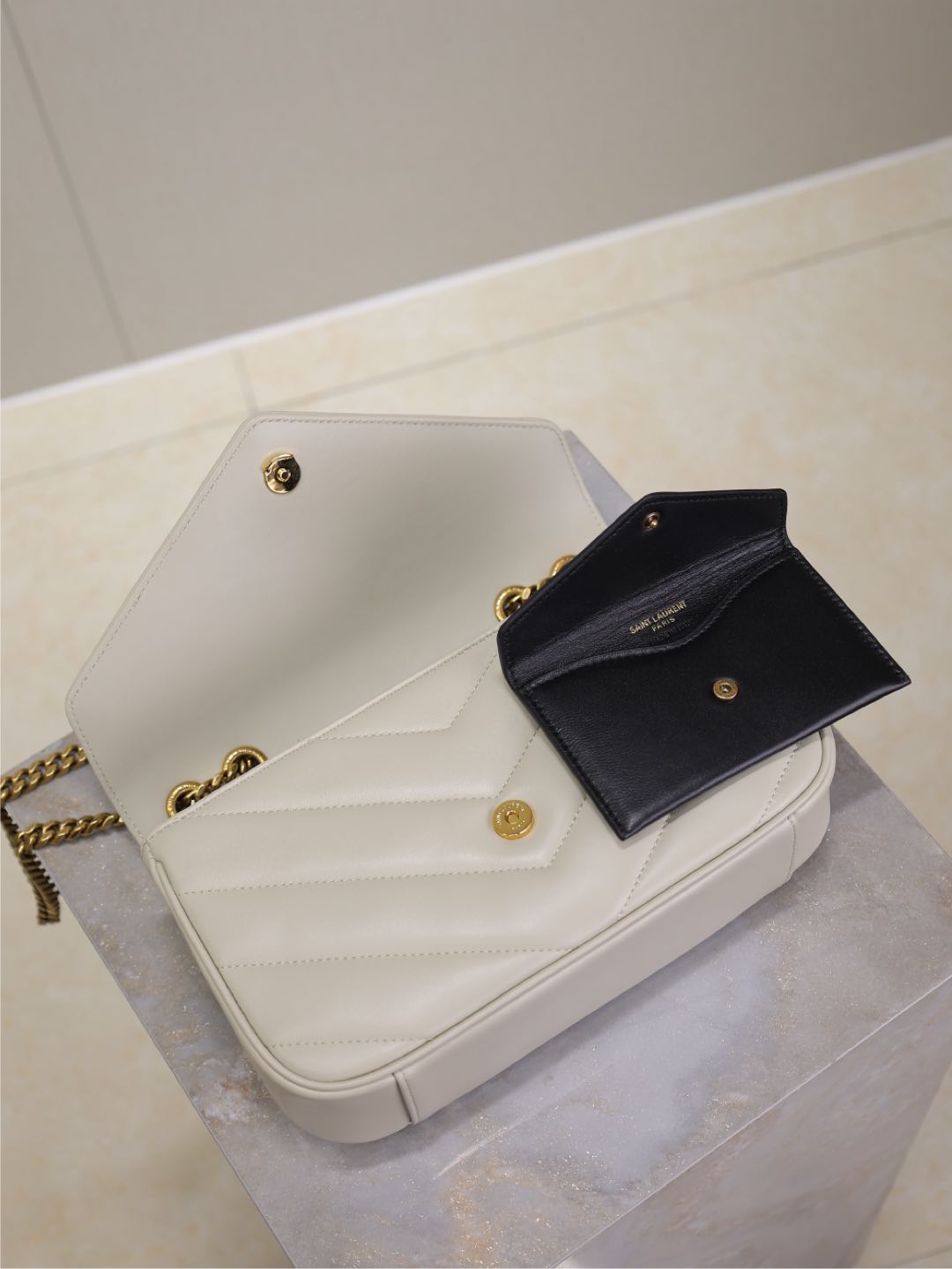 Saint Laurent Loulou Small 24 in White Sheepskin Gold Hardware Bag