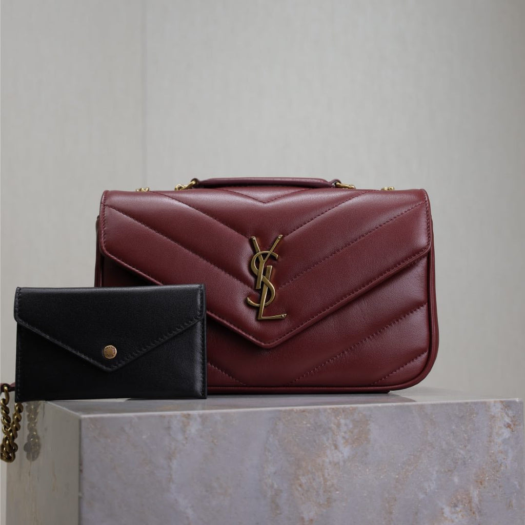 Saint Laurent Loulou Small 24 in Burgundy Red Sheepskin Gold Hardware Bag