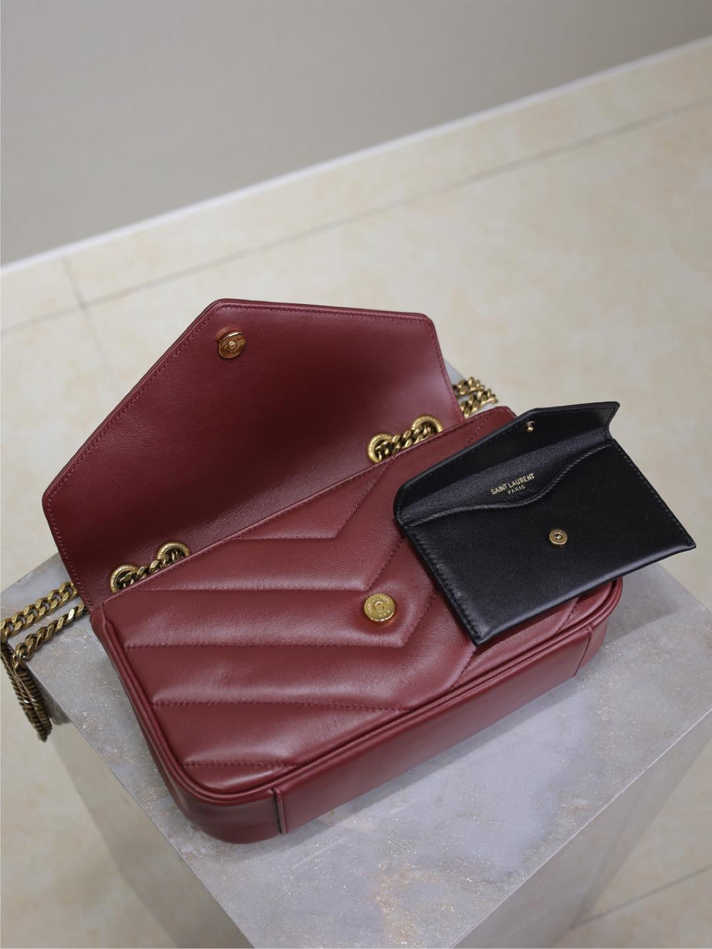 Saint Laurent Loulou Small 24 in Burgundy Red Sheepskin Gold Hardware Bag