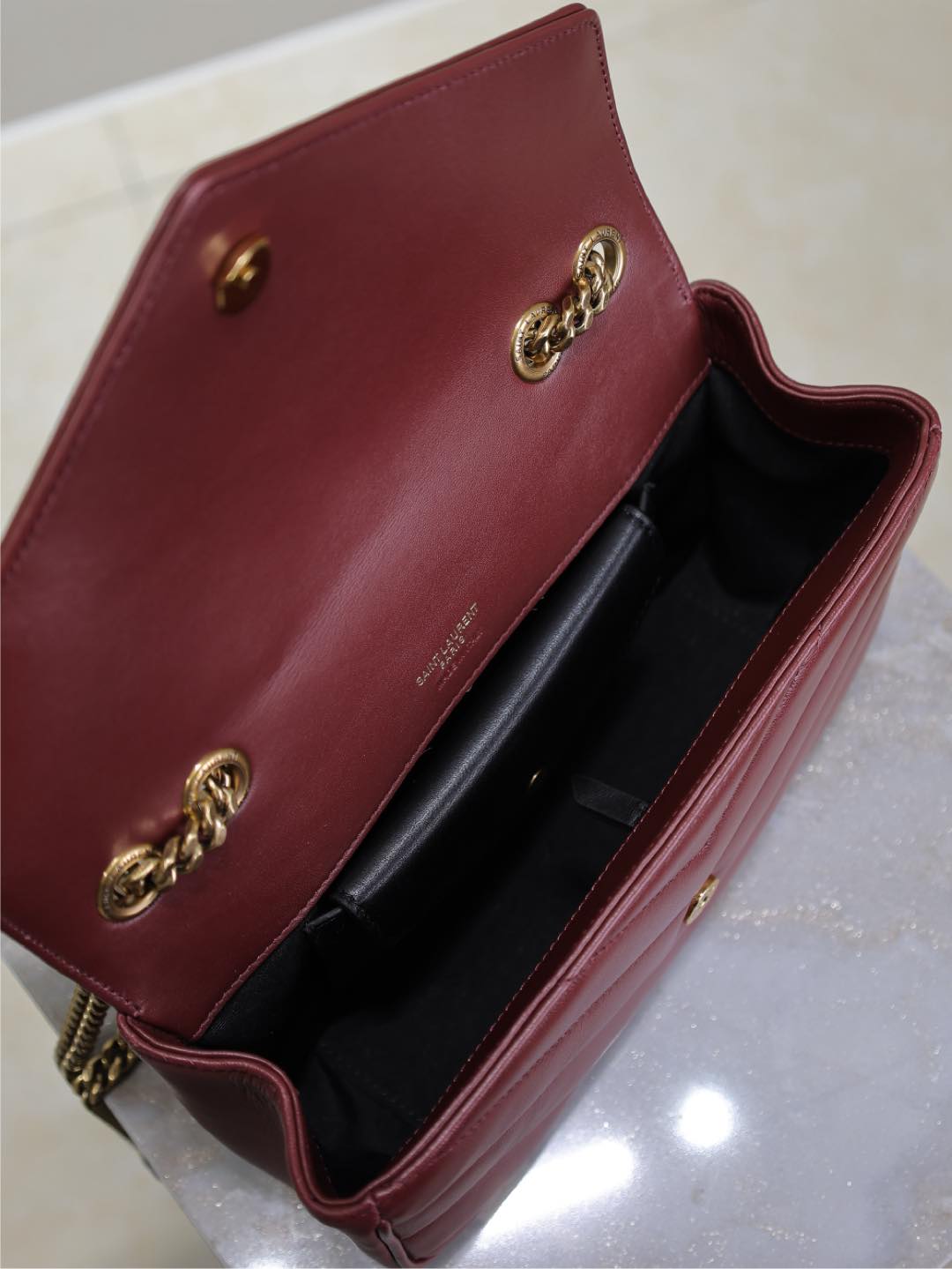 Saint Laurent Loulou Small 24 in Burgundy Red Sheepskin Gold Hardware Bag
